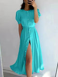Women's Summer Dress with Botton White Elegant Office Ladies Split Short Sleeve A-Line Chic Holiday Party Maxi Dresses for Women-Outfit