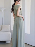 Fongt Sister Fan OL Temperament Conjoined Broad Leg Pants Summer Style Korean Temperament Show Thin Open Fork Fashion Professional Jumpsuit
