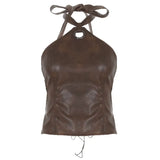 Fongt Culture Leather Splicing Vest Ancient Early Do Old Sexy Bare Back Belt Belt Short Hanging Neck Sling Woman
