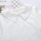 Spring New Women Casual Peter Pan Collar Cotton White Shirt Lantern Sleeve Lace Blouse Autumn Solid Sweet Girl Tops