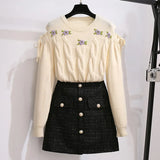 Women Autumn Winter Two Pieces Set Sweet Floral Embroidery Off The Shoulder Long Sleeve Knitted Sweater And Tweed Skirts