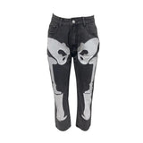 Jeans Black Skeleton Printed Pattern Streetwear Y2K Style Long Trousers Ladies Mid Waist Slimming Pants Autumn