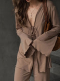 Fongt Casual Light And Thin Tight With Horn Sleeves Loose Waist Straight Trousers Knitting Set Spring And Autumn