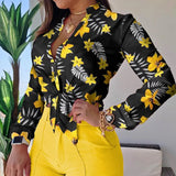 Women Elegant Floral Print Blouse Shirt 2023 Autumn New Casual Long Sleeve Button Tops Lady Sexy Bandage Turn-Down Collar
