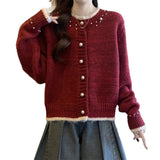 Fongt With A Soft Glutinous Nail Beads Color Short Cardigan Knitted Sweater Women's Spring And Autumn New Loose Chic Top