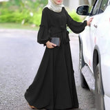 Women Muslim Abaya Dubai Dress Solid Long Sleeve Ruffles Maxi Long Sundress Robe Femme Lace Up Hijab Dress Islamic