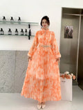Fongt Light Luxury Temperament Dress Female High-End Feel Strapped Waist Three-Dimensional Flower Lantern Sleeve Print Dress