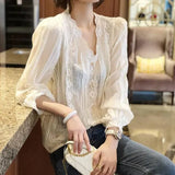 Wind Solid Color Lace Spliced Shirt Spring Autumn Long Sleeve Women's Hollow Out Chic Pearl Button Korean V-Neck Blouse-Outfit