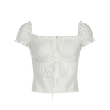 Pastoral Square Collar Fold Tie Pure White Bubble Sleeve T-Shirt Sweet Girl Waist Blouse-Outfit