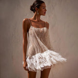 Fongt New Party Dress Sexy Bare Back Skirt Layer Tuxedo Mesh Beads Sling