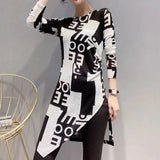 Letter Patchwork Printed T-shirt Spring Autumn Stylish Asymmetrical Folds Female Clothing Casual O-Neck Midi Pullovers-Outfit