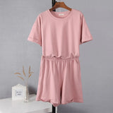 Summer Cotton Sets Women Casual Two Pieces Short Sleeve T Shirts and High Waist Short Pants Solid Outfits