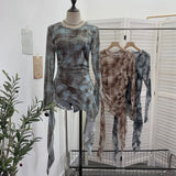 Fongt Print Double-Layer Mesh Long-Sleeved Top Design Feel Irregular Ribbon-Up T-Shirt 99981