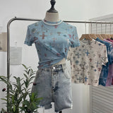 Real Shooting Retro Tie-Dye Double-Layer Mesh Half-High-Neck Short-Sleeved T-Shirt T-Shirt Short-Sleeved T-Shirted Woman