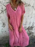 Fongt New Leisure Spring And Summer Loose Skirt Short-Sleeved V-Neck Solid Cotton Dress