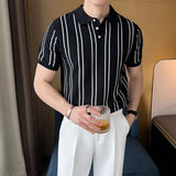 Fongt Summer High-End Short-Sleeved Men's Fashion Brand Striped Collar Ice Silk Knitted Half-Sleeved T-Shirt For Men