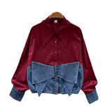 Fongt Dress Korean Fashion Design With Bow Denim Spliced Long-Sleeved Shirt Women Loose Shirt Top