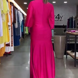 Fongt Summer New Fashion Sexy V-Neck Pleated Solid Color Loose Dress-Outfit