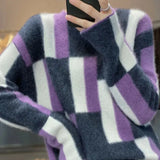 Autumn Winter Casual Geometric Patchwork Sweaters Women's Clothing Fashion Contrasting Colors Round Neck Knitted Jumpers-Outfit
