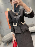Vintage Small Fragrance Tweed Two Piece Set Women Crop Top Woolen Short Jacket Coat + Mini Skirts Sets Sweet 2 Piece