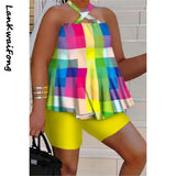 Summer New Hanging Neck Off Shoulder Top and Shorts Two Piece Women's Loose Color Print Street Style Casual Set-Outfit