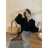 Elegant Blouses Women Vintage Puff Long Sleeve Shirts Student Korean Retro Office Lady Basic Solid Loose Casual Chic Tops-Outfit