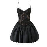 Black Lace Corset Style Satin Ball Gown Mini Dress-Outfit