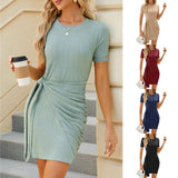 Summer New Round Collar Short Sleeve Strap Wrap Hip Knit Dress Woman-Outfit