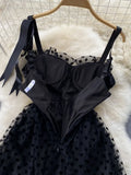 Black Long Dress Summer Women Mesh Tutu Polka Dots Lace Party Dresses Ladies Slim A-line Vintage Maxi Dress