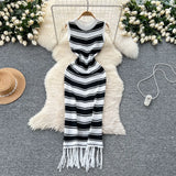 Fongt Fan Temperament Body-In-County-Necked Sleeveless Striped Knitted Dress Women's Summer Tight-Dled Ass Tuxedo Dress