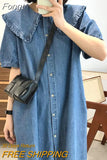 Style Summer Doll Collar Denim Dress Short Sleeves Loose Cute Midi
