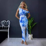 Fongt Spring And Summer New Slanted Shoulder Printing Elastic Force Of Rib Dress INS Casual Dress Women