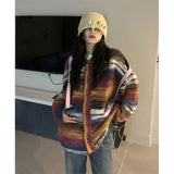 Striped Knitted Cardigan Women Streetwear Gradient Sweater Coat Harajuku Plus Size Knitwear Korean Patchwork Jumper Tops-Outfit