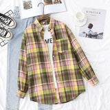 New Women Vintage Flannel Plaid Shirt Pockets Full Sleeve Turn Down Collar Loose Blouse Spring Female Casual Basic
