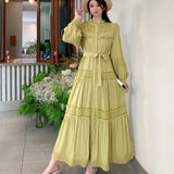 Fongt Wooden Ear Collar Buckle Tie With Long Hollow Lace Splicing French Bubble Sleeve Dress