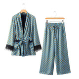 Fongt And Winter New Feather Vertical Casual Suit Jacket Printed Vertical Broad Leg Trousers Set