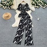 Fongt Mature Two Sets Of Women's Summer Dress Design Cross-Round Neckline Short-Sleeved Print Top High-Waisted Casual Broad-Legged Trousers