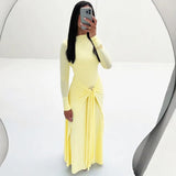 Fongt 2025 New Women's Pure Color Temperament Elegant Long-Sleeved Decorative Buckle Tied Dress Woman