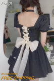 Backless Lolita Gothic Dress Women Bow Puff Sleeve Kawaii Party Mini Dress Female Casual Korean Fashion Sweet Dress