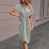 Fongt V-Neck Temperament Elegant Irregular Sleeves Of Pure Color Bag Dress