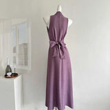 Fongt Femininity Purple V-Necked Neck Dress Female Design Feel Belt Strap Vest Skirt