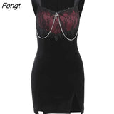 Darkness Velvet Party Dresses For Woman Elegant Gothic Lace Chain Split Bodycon Black Mini Dress Chic Patchwork