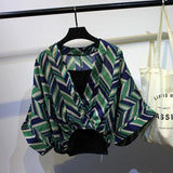 Two Piece Set Striped Chiffon Grid Summer Half Sleeve Loose V-Neck Floral Spring Cool Blouses Sweet Ladies Short Tops