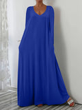 Fongt New Long Dress Casual Loose Short Sleeve Pure Color V Collar Body Size Dress