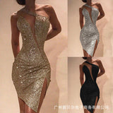 2023 New One-Shoulder Slit Dress For Women's Sleeveless Dress LZN050-Outfit