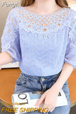 Out Casual Short Sleeve Blouse Loose Elegant O Neck Sweet Tops Summer Lace Women's Blouse Flowers Chiffon Shirts