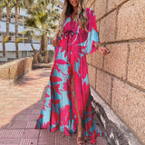 Fongt Spring New Holiday Wind V-Neck Printed Printed Long Dress