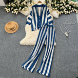 Fongt Women's Summer V-Neck Loose Knitted Cardigan Top + Broad Leg Trousers Set With Striped Hollow Set