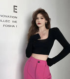 Fongt Girl Square Collar Long-Sleeved T-Shirt Female Autumn 2023 New White Strap Short Back Slim Bottom