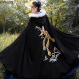Ancient Black Hanfu Cloak Women Chinese Style Princess Costume Female Autumn Winter Warm Embroidery Hooded Cape Coat-Outfit